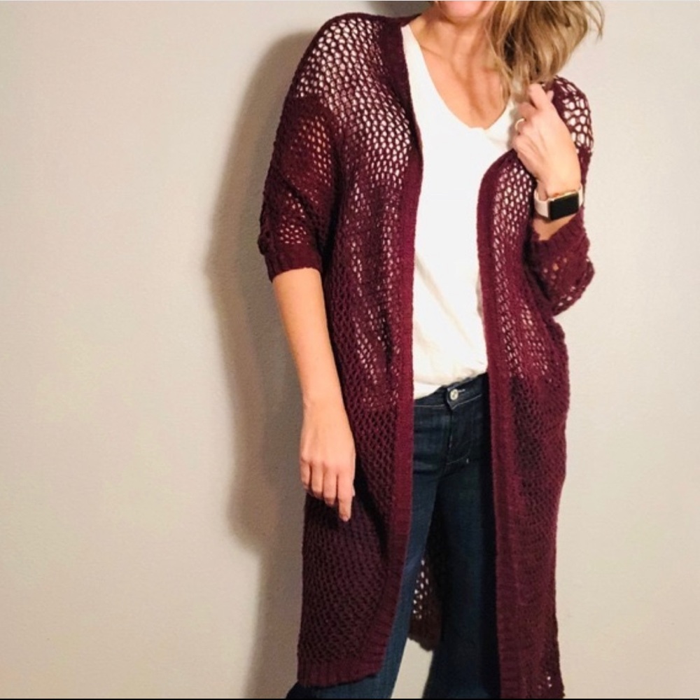 Brandy Melville Burgundy Open Knit Duster Cardigan